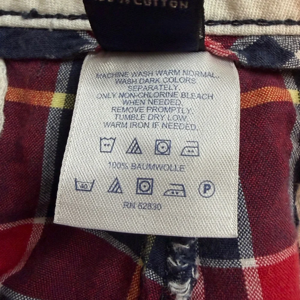 Lands End Mens Plaid Chino Shorts Red Navy Blue White Cotton Size 37 345744